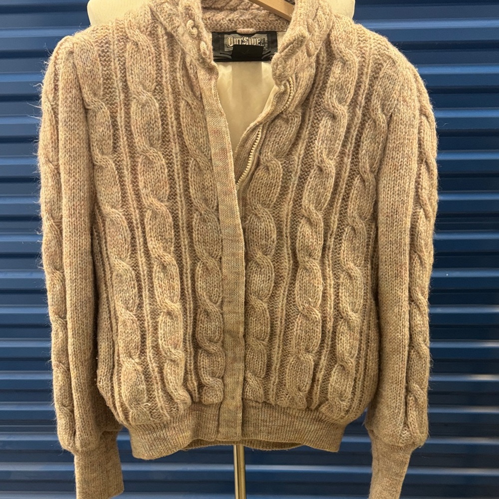 80s Women's Cable Knit Bomber Jacket - Beige and pinks